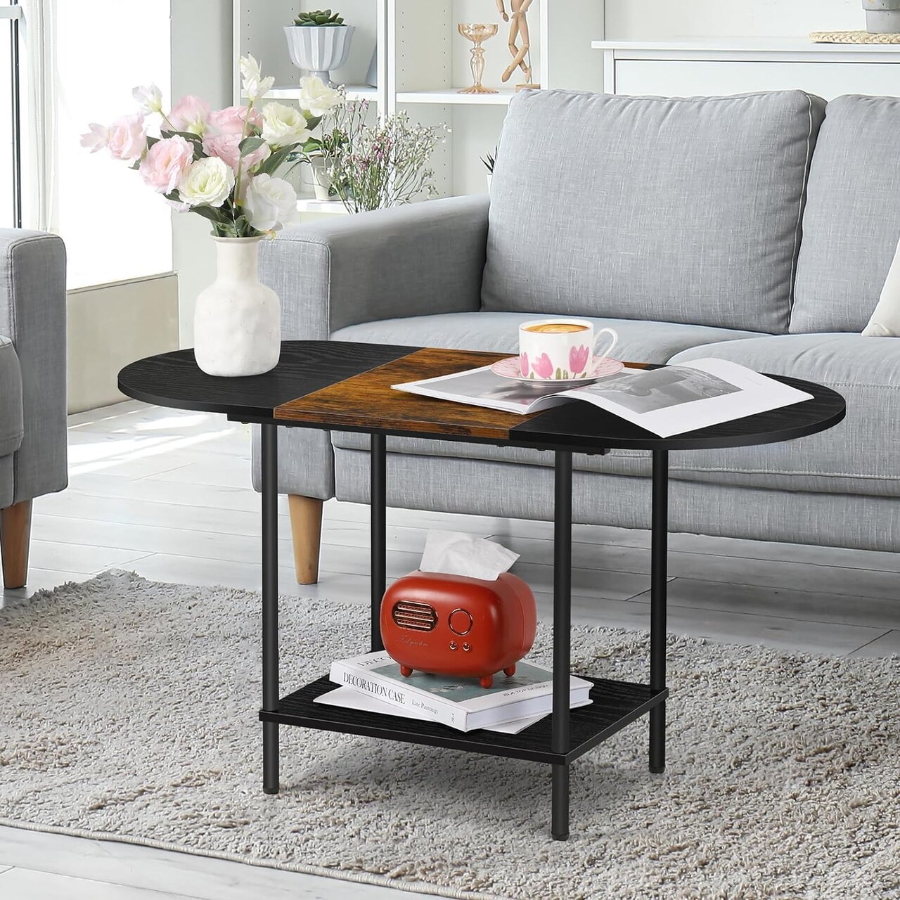 2-Tier Oval Coffee Table with Storage – Farmhouse Black Center Table for Living Room, Home Office, RV, Small Spaces (35.4”x15.7”x14.1”)